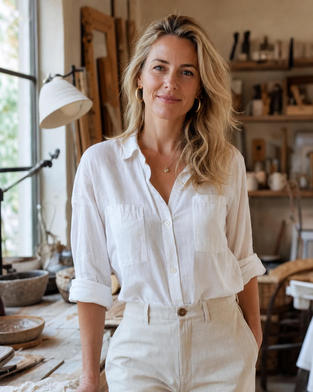 Scène illustrative du portrait d'une entrepreneuse dans son atelier, lumière naturelle et ambiance professionnelle.