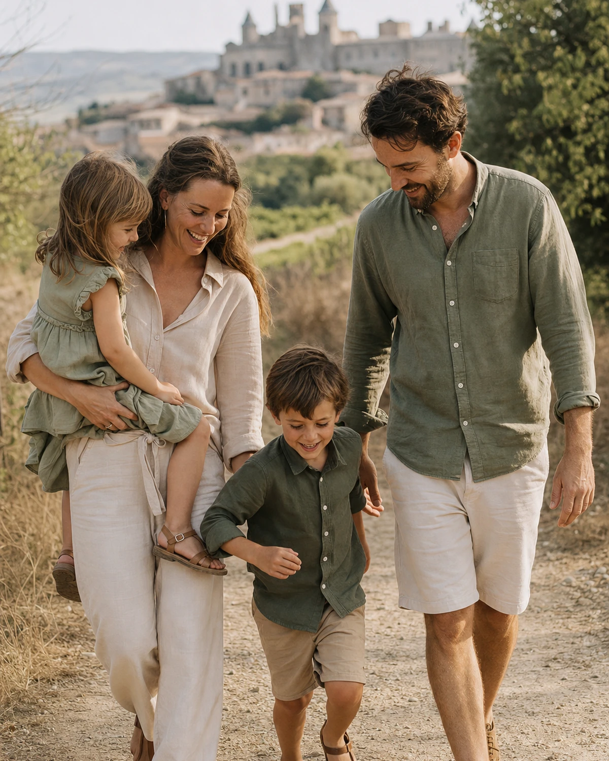 Scène illustrative d'une famille photographiée en extérieur près de Carcassonne, parents et enfants, lumière naturelle.