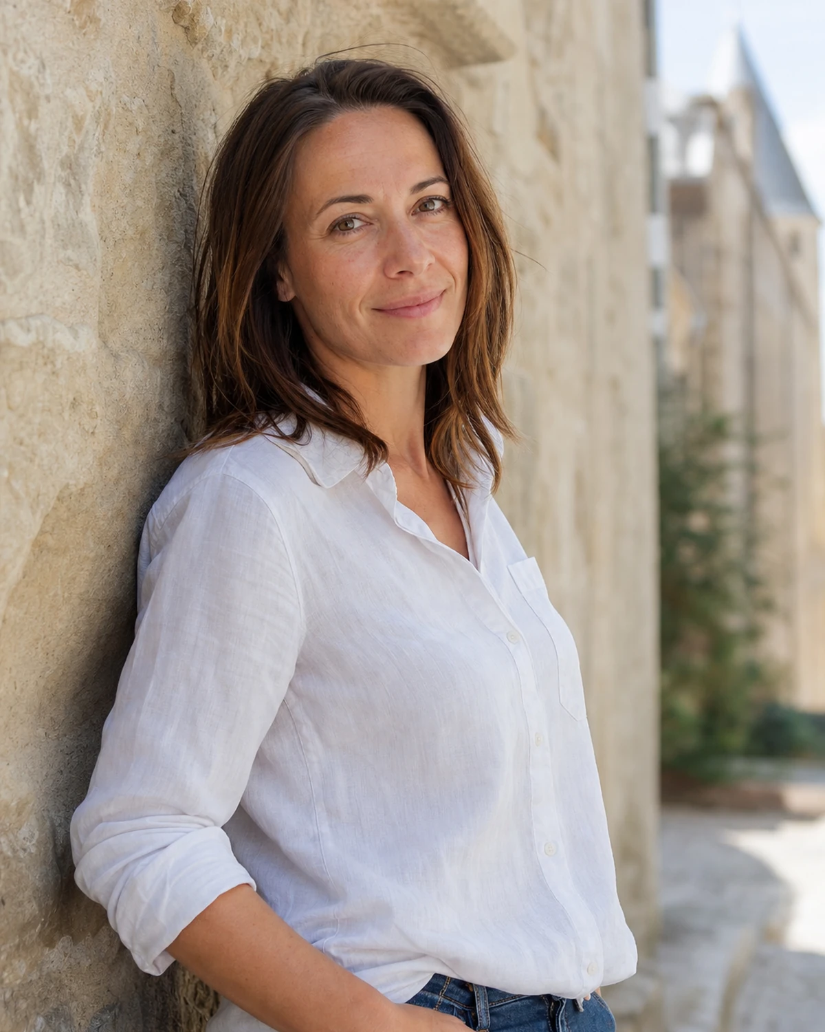 Scène illustrative d'un portrait en extérieur, lumière naturelle, regard direct, fond de pierre claire.