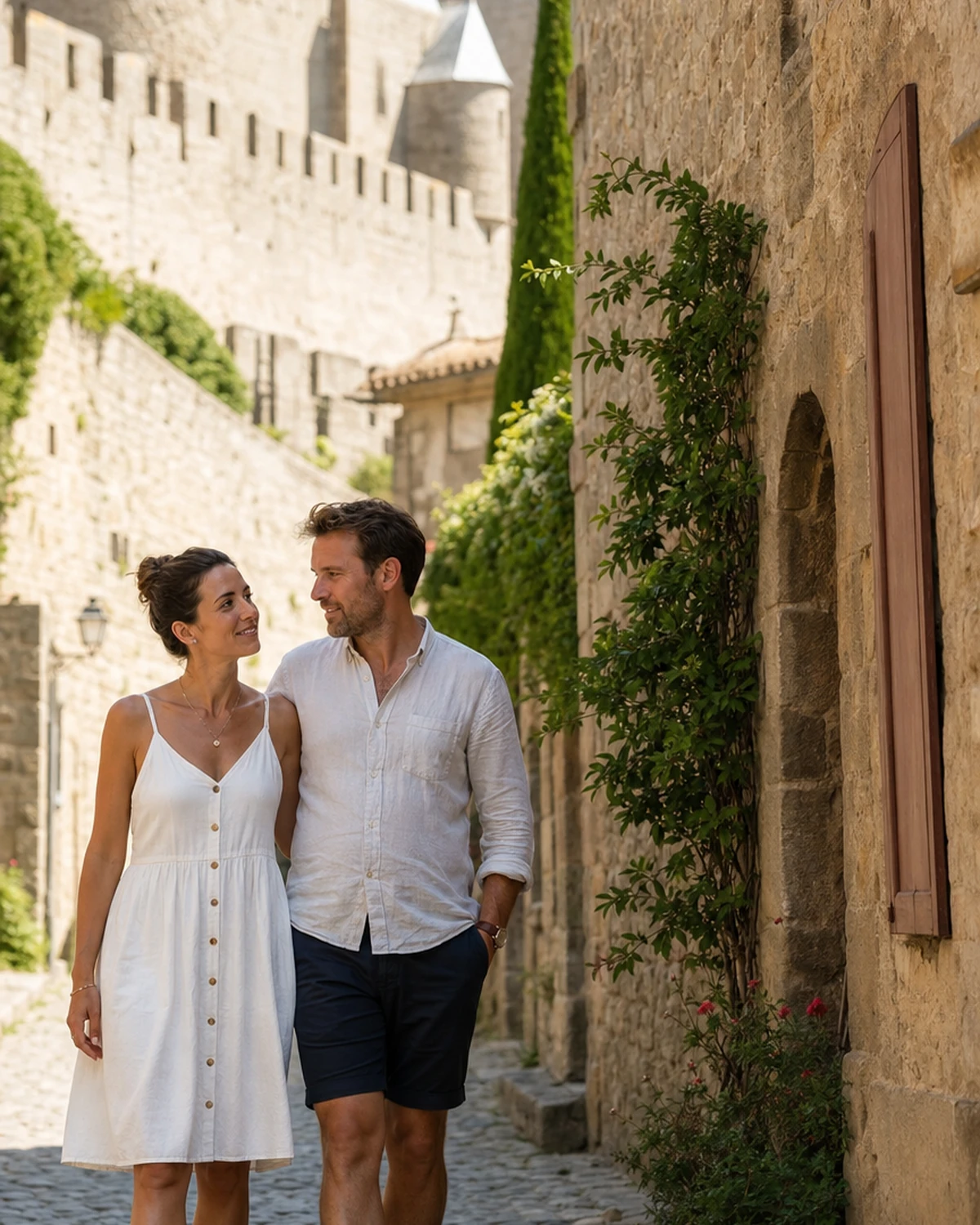 Scène illustrative d'un couple de voyageurs se promenant dans une rue historique de Carcassonne, ambiance estivale.