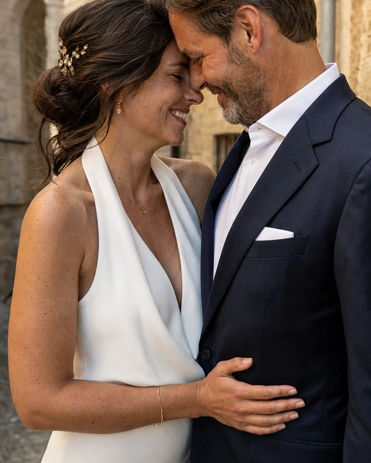 Scène illustrative d'un couple photographié dans une rue de la Cité médiévale, tenue de mariage, lumière douce.